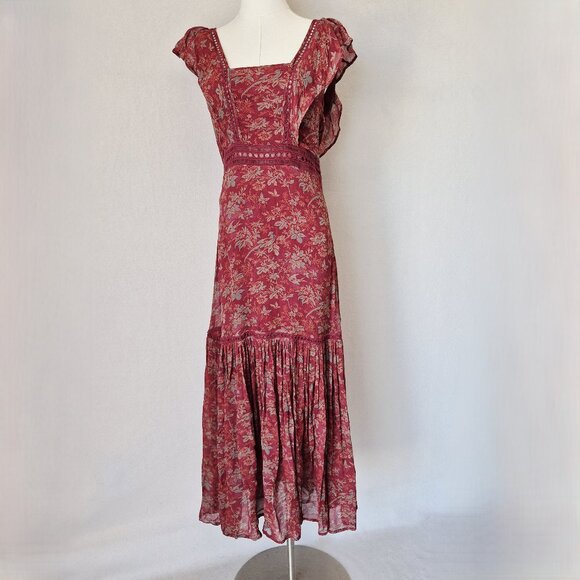 Sundance Harvest Floral Tiered Maxi Dress Ruffle Cap Sleeve Chiffon Red - Picture 2 of 16